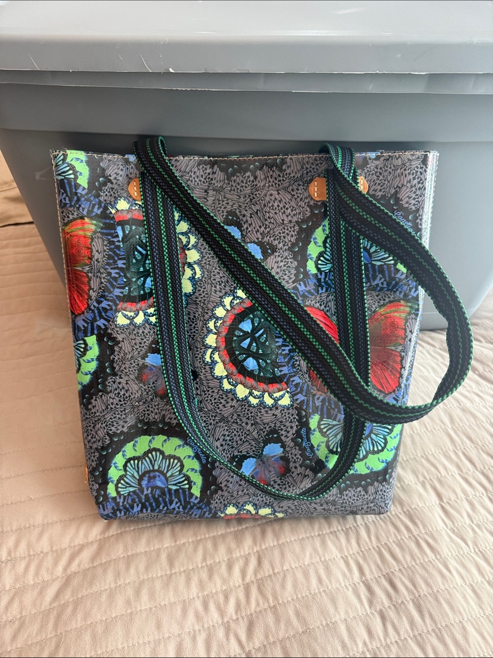 Consuela Black Floral Tote with Red and Green Accents